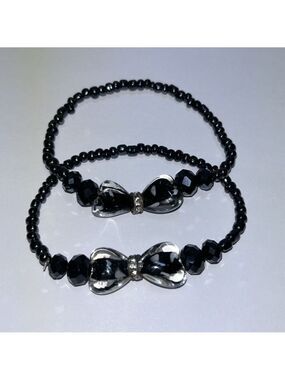 PAIR OF BRACELETS Shiny Navy Blue Beads with Rhinestones Stretch Bracelets